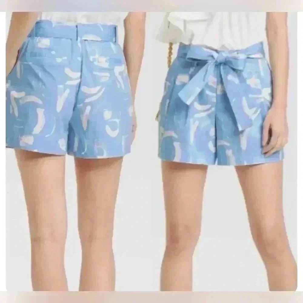 A‎ New Day Womens Blue Abstract Print Belted Pleated Shorts Size 6